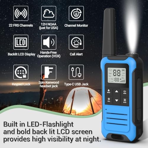 Image of Walkie Talkies Long Range Rechargeable Walkie Talkie for Adults, Baofeng F22 FRS Radio Walky Talky Family Walkie-Talkie with Flashlight 1400 mAh Battery USB Charger for Camping Trip (2 Pack)