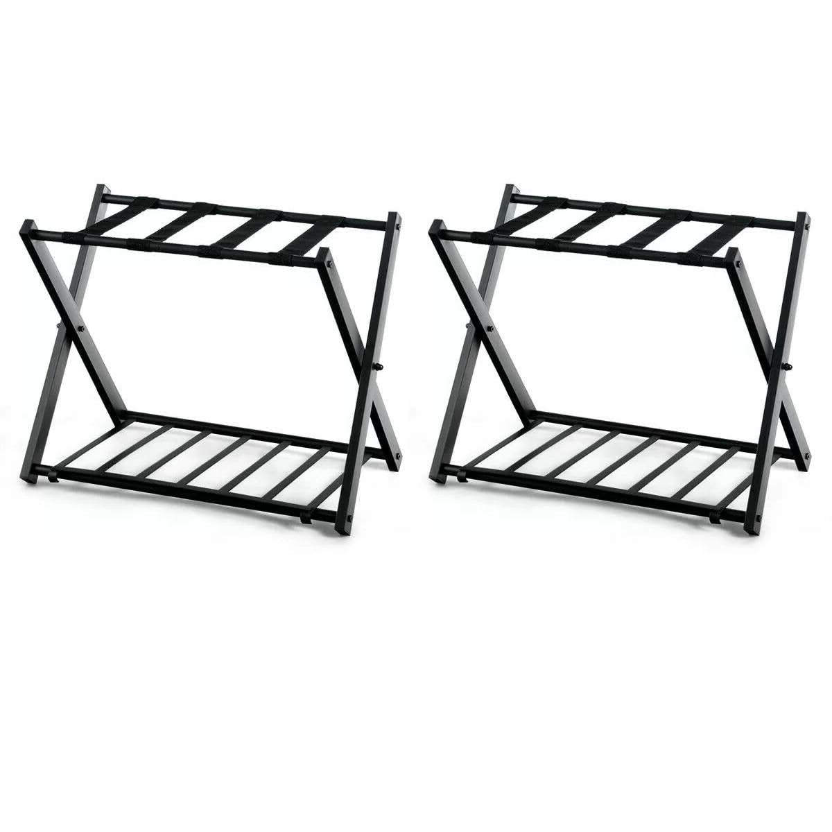 Set of 2 - Folding Black Metal Luggage Rack with Bottom Storage Shelf New