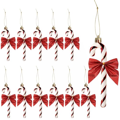 YIEUR 12 Pezzi di Decorazione a Bastoncini di Zucchero per Albero di Natale con 12 Pezzi di Fiocchi, Decorazione Natalizia, Nastri Natalizi, Ornamenti per Albero di Natale in Abete (Rosso)