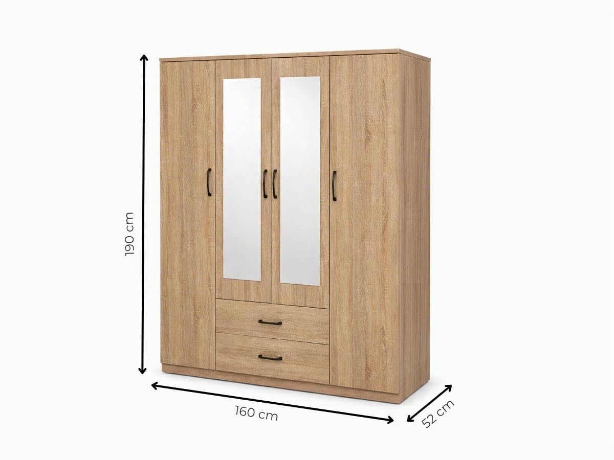 Armoire Valentina 4 Portes avec Penderie, Étagères et 2 Tiroirs, Rangement pour Chambre, Blanc/Chêne/Bois Grisé (Chêne)