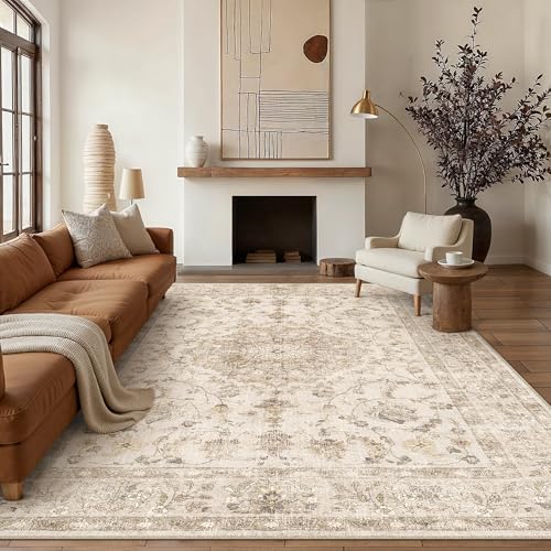 PureCozy Teppich Wohnzimmer 200x300cm Waschbarer Vintage Beige Tepiche for Schlafzimmer kurzflor rutschfest Weich Böhmischen Groß Retro Carpet für Küchen Esszimmer Bedroom Büro Living Room