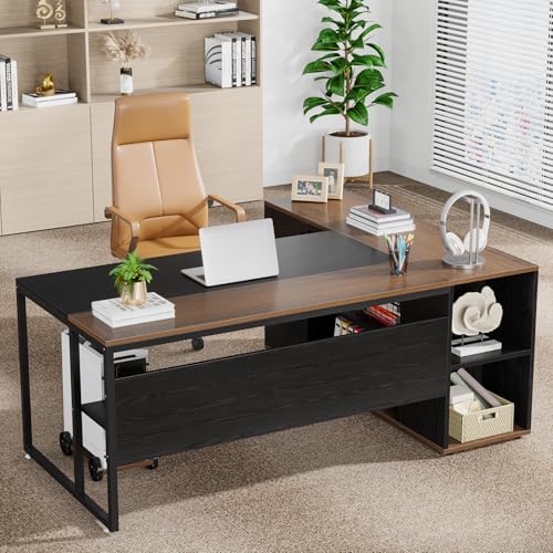 Image of Tribesigns 71 inch Executive Desk, L Shaped Desk with Cabinet Storage, Executive Office Desk with Shelves, Business Furniture Workstation for Home Office, Black and Brown
