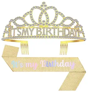 Birthday Tiara and Crown with Sash, Birthday Tiara for Women Party Gold
