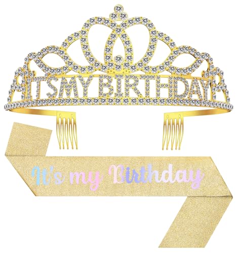Birthday Tiara and Crown with Sash, Birthday Tiara for Women Party Gold