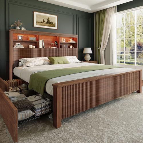 Queen Size Bed Frame and Tall Headboard & Storage, Metal Platform Bed Frame with 4 Storage Drawers, Queen Bed Frame with LED Lights & Charging Ports, No Box Spring Needed, Noise-Free, Brown