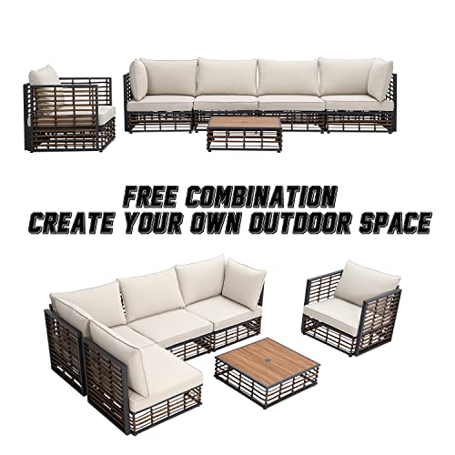 Essential Lounger 6 Pieces Sectional Outdoor Patio Furniture Set, Outdoor Modern Rattan Conversation Set With Olefin Cushions And Coffee Table, Wicker Sofa With Umbrella Hole For Garden, Poolside #TOP6