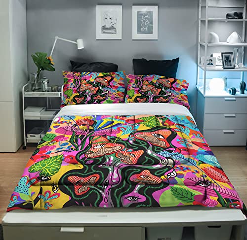 Sunnycitron Kids Comforter Set Queen Size Colorful Mushroom Comforter Sets 3D Trippy Mushroom Eyes Bedding Psychedelic Hippie Bed Comforter Set - ​Fade Resistant (1 Comforter + 2 Pillowcases) #TOP1
