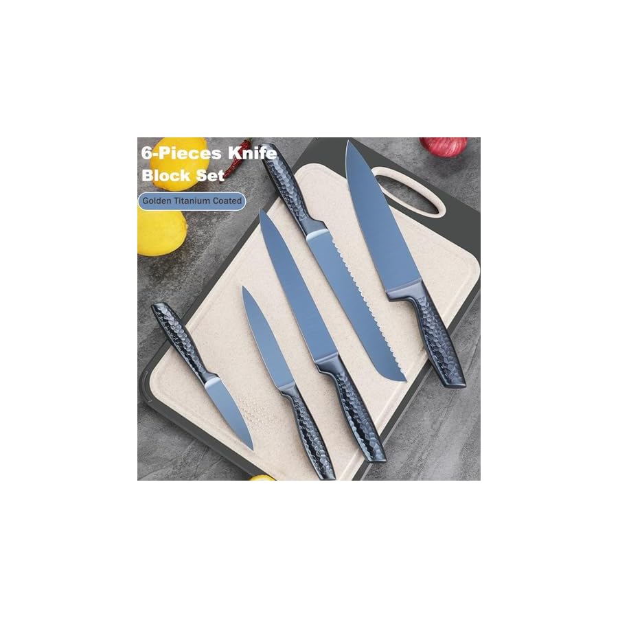 Kitchen Knife Set, 6-Pieces Blue Titanium Coated Knife Block Set with Wood Magnetic Knife Block, Non-stick & Non-slip Stainless Steel Sharp Chef Knife Set, Knives Set for Home Kitchen (Blue)