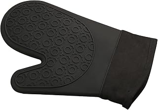 Juego de guantes de horno de silicona, forro de algodón suave, guantes gruesos y flexibles impermeables para cocinar, barbacoa, manoplas de cocina, color negro, un par de