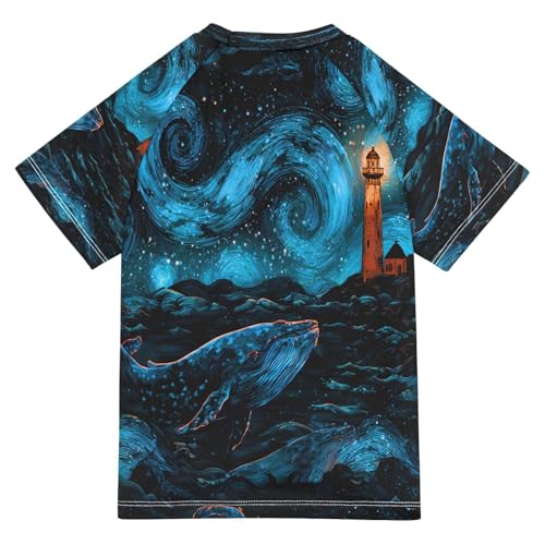 Boys Short Sleeve T-Shirts Starry Night Lighthouse Rashguard Kids Swim Shirts Sun UPF 50+2
