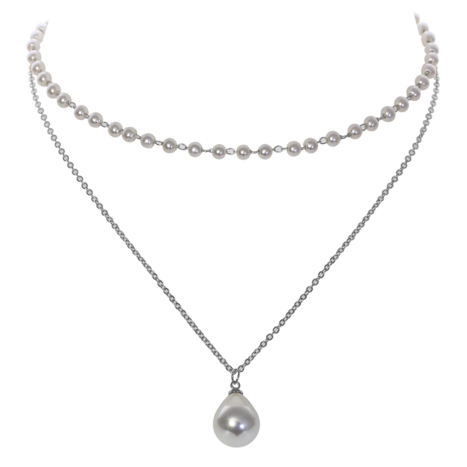 BRLTime Multilayer Strand Chain Faux Pearls Flapper Beads Cluster Long Choker Necklace Simulated White Pearls Gold Tone Cable Chain Fashion Women Girls Necklace