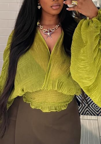 Unybwonn Bell Long Sleeve Blouses for Women Evening Wear Puffy Lace Tops Deep V Neck Elastic Waist Smocked Crop Shirt Top3