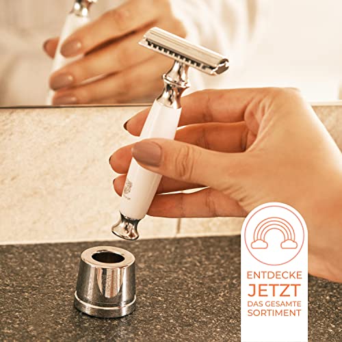 WLDOHO® Rasierhobel aus gehärtetem Edelharz für Damen & Herren inkl. 5 Astra Klingen I Zero Waste Nassrasierer I Sicherheitsrasierer I Rasierer mit Griff in Weiß geschlossener Kamm | YVU - Image 7