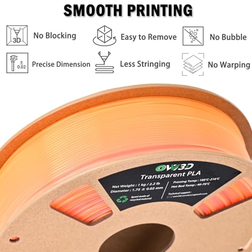Image of OVV3D Translucent PLA Filament 1.75mm, Sunset Multicolor Transparent 3D Printer Filament, Clear PLA Red Oragne Yellow Gradient Color Change Rainbow Filament, Spool 1KG, + /- 0.02 mm