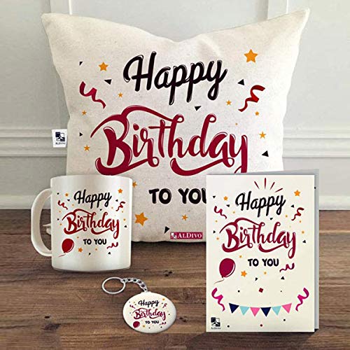 ALDIVO Micro-Satin 5TC Cushion Cover with Filler + Printed Coffee Mug +Greeting Card + Key Ring, Standard, Multicolor