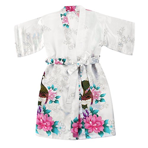 Albornoz de satén FAYBOX BRIDAL, para niña, diseño de pavo real y flores Blanco blanco 9-10 Años
