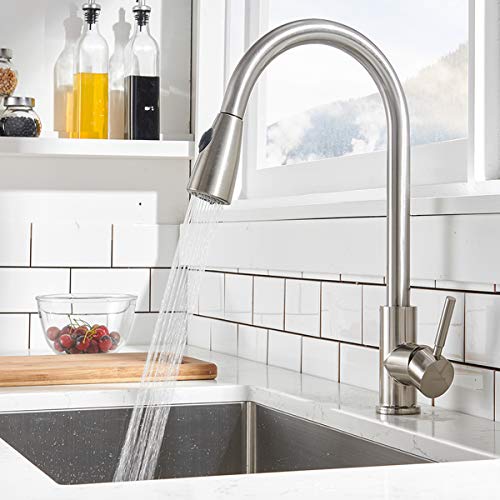 Comllen Commercial Single Handle High Arc Brushed Nickel Pull Out Kitchen Faucet ,Single Level Stainless Steel Kitchen Sink Faucets with Pull Down Sprayer Without Deck Plate