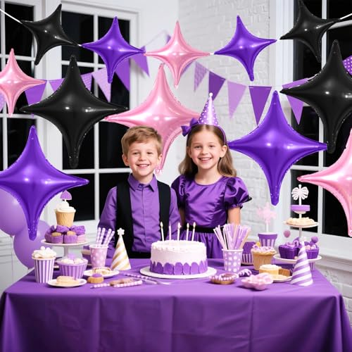 Image of Black Purple Star Balloons,12Pcs Four Angle Star Foil Balloons