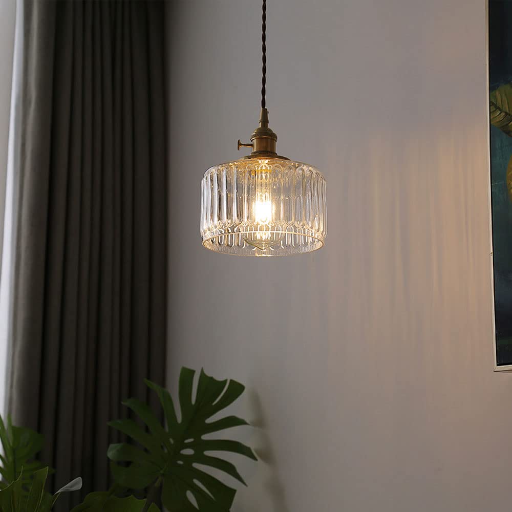 Vintage Amber Glass Pendant Light, Mid Century Square Brushed Brass Hanging Pendant Chandelier, E26/E27 Adjustable Height Farmhouse Pendant Lamp Fixture for Kitchen Island Living Room Dinning Room