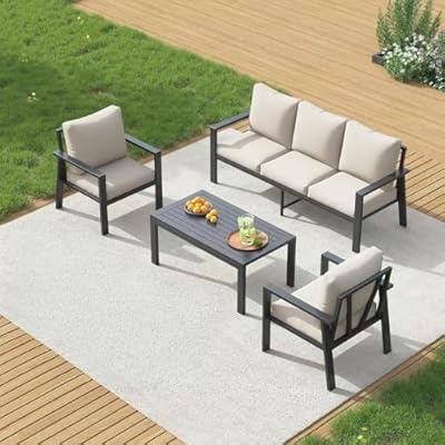 UDPATIO Aluminum Patio Furniture Set Outdoor, Sectional Metal 4 Pieces Conversation Sofa Seating Set with Coffee Table for Garden Backyard, Beige