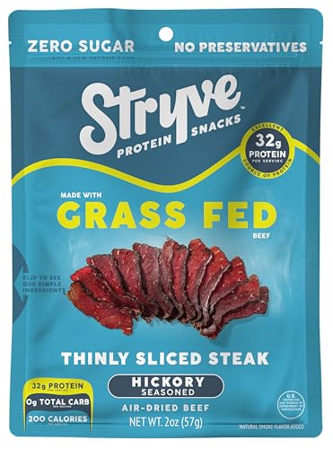 Stryve Protein Snacks - Better Than Jerky Steak - Grassfed Beef Biltong | 32g Protein, Sugar Free, Zero Carbs, Gluten Free, Dairy Free, Keto & Paleo Friendly | Hickory, Pack Of 4