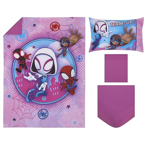 Image of NoJo Marvel Ghost Spider, Go Ghosty Purple, Pink, and Blue 4 Piece Toddler Bed Set - Comforter, Fitted Bottom Sheet, Flat Top Sheet, and Reversible Pillowcase