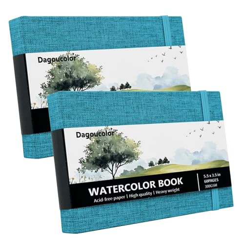 DagouColor Acuarela Papel Sketchbook, 5.5'x3.5', 2 Pack, 30 hojas, 300GSM Papel Color Agua Prensado Frío, Tapa Tela Libro Para Artistas Principiantes Adultos Niños, Pintura, Dibujo, Medios Mixtos