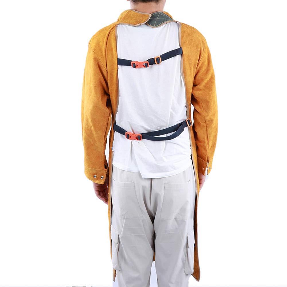 Delantal de soldadura de cuero con manga, Delantal de cuero de vaca para soldador para hombres y mujeres, Chaqueta de soldadura resistente, con mangas y cuello, Delantal de
