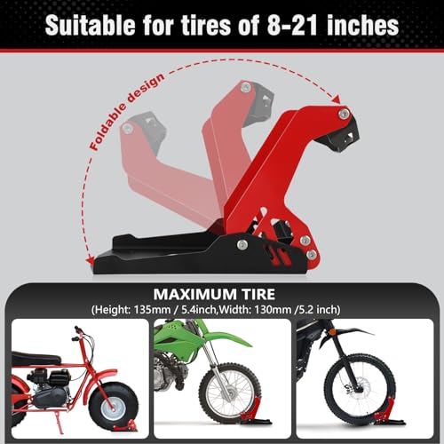 Image of Heavy-Duty Steel Motorcycle Wheel Chock for Trailer Mount | Anti-Rust Black /Red Design | Universal Front Wheel Chock Stand for Dirt Bikes & Motorcycles | Compact & Portable (5.3 inchH x 10.8 inchL x 6.1 inchW)