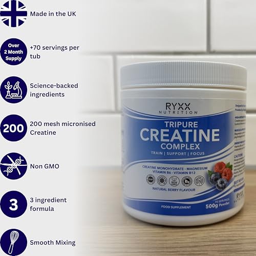 Ryxx Tripure Creatine Complex 500G | 5G Creatine Monohydrate Powder With Magnesium, Vitamin B6 & B12 | Daily Performance, Muscle & Energy Support | Flavoured Creatine Powder - 6