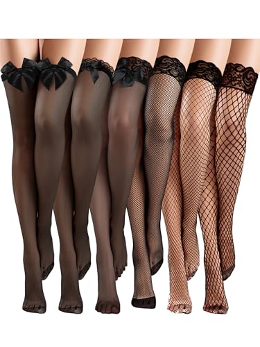 Image of Bencailor 4 /6 /12 Pairs Fishnet Thigh High Stocking for Women Silicone Lace Top Sheer Over Knee Stockings
