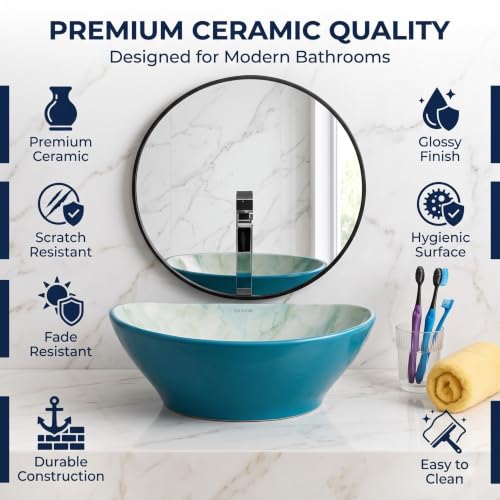 Image of Elegant Designer Ceramic Vessel Sink, Table Top Wash Basin for Bathroom, Hotel & Home Vanity Counter, Modern Over Counter Basin, 16 x 13 x 5.5 Inch