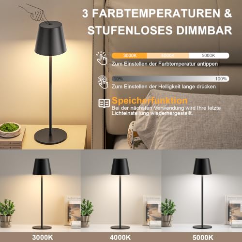 Tischlampe Kabellos LED, Akku Tischlampe für Outdoor Indoor (Schwarz) – Ansicht 2