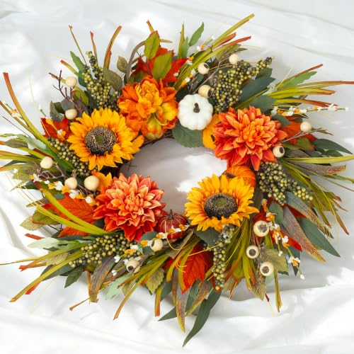 Image of Artificial Fall Wreaths for Front Door 24 Inch Harvest Autumn Leaf Wreath | Realistic Fall Door Wreath with Sunflowers,Dahlias,Pumpkins & Berries-Indoor Outdoor Thanksgiving,Halloween,Porch,Wall Decor