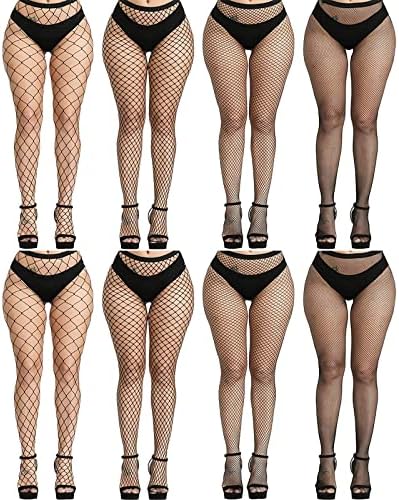 8 PCS Black Fishnet Stockings For Women, Thigh Hight Fishnet Tights, Ladies Fish Net Tights Plus Size One Size Fit All