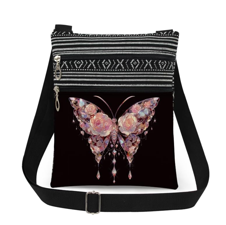 Bolsa tiracolo com estampa de borboleta, bolsa de ombro, leve, com zíper duplo, Preto, Bolsas de mão