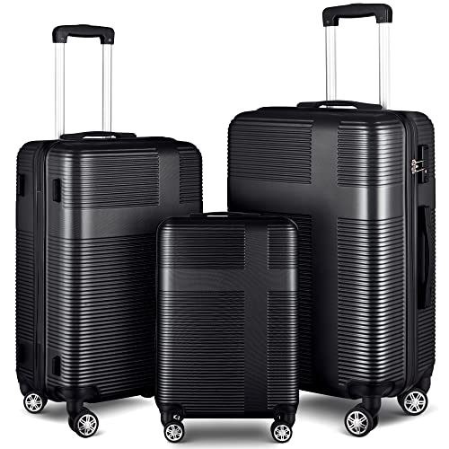 3 Piece Luggage Set with TSA Lock, Durable Lightweight Cross Stripe Suitcase Hardshell Luggage Set with Hooks and 360 Degree Spinner Wheels (20in/24in/28in) Black As Shown One Size