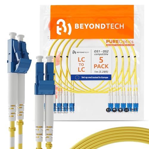 Image of BEYONDTECH 1m (3.28ft) LC to LC Fiber Patch Cable - (5 Pack) UPC Single-Mode Duplex Fiber Optic Cable - 9 /125m core, Compatible with OS1 & OS2 - LSZH PUREOptics Series