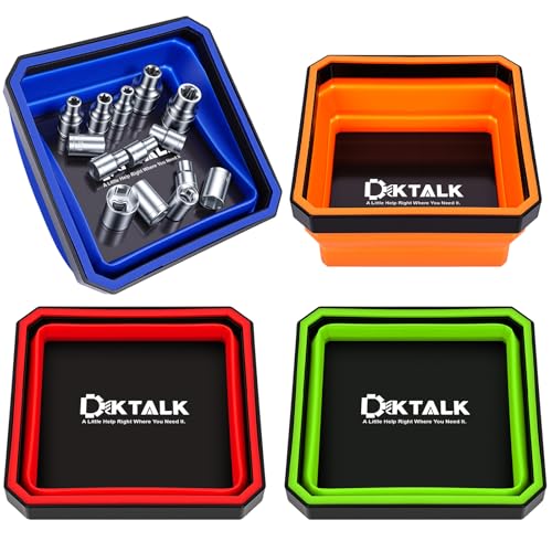 DIKTALK Foldable Magnetic Parts Tray Set - 4 Pack Color-Coded Collapsible Trays 2lb Capacity & Strong Magnet Base for Auto Repair Mechanics Workshop Organization (4.5 Square)