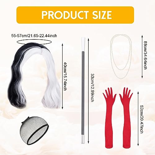 Aomig Black and White Wig, Halloween Christmas Medium Long Curly Wavy Wig, Half Black Half White Wig, Women Cosplay Carnival Party Costume with Hairnet Long Red Gloves Costume Stick Pearl Necklace - Image 3