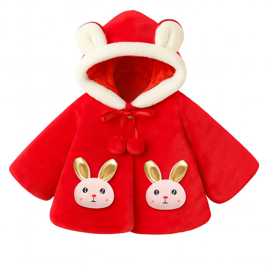 Bold N Elegant Faux Fur Warm Winter Outerwear Hooded Baby Jacket Coat Blanket with Soft Plush Bunny Ear n Tail for Infant Toddler Boy Girl Kids 1yr to 5yr (Red, 18-24 Months) 2