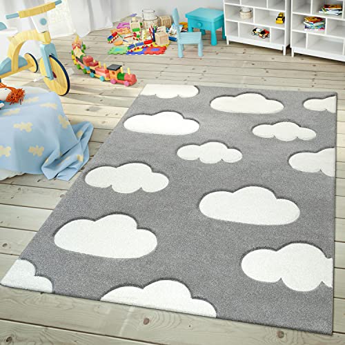 Image of Modern Kids Rug with Clouds in Grey Pastel for Nursery, Size: 2'8" x 4'11"