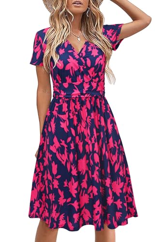STYLEWORD Damen Sommerkleid Kurzarm V-Ausschnitt Kleider Blumenmuster Kleid Strandkleid Mit Taschen(Floral30-1097,X-Groß)