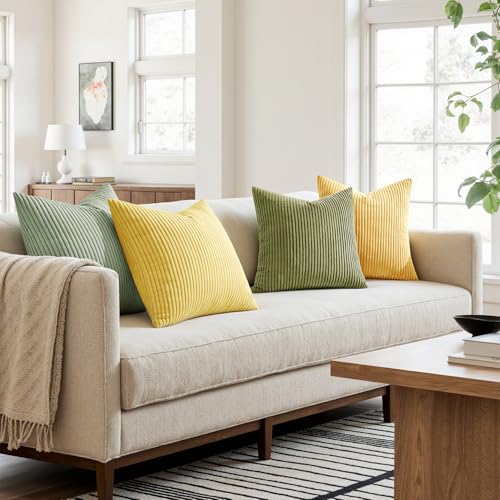 Image of MIULEE Boho Farmhouse Yellow Green Throw Pillow Covers 18x18 Inch Set of 4 Mordern Nordic Cushion Covers Soft Corduroy Spring Home Decor for Couch Bed Sofa Living Room