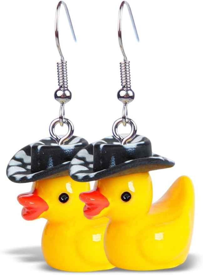 Cowboy Acrylic Duck Dangle Earrings 3D Yellow Duck with Cowboy Hat Earrings Funny Cartoon Animal Western Novelty Jewelry for Women image 4