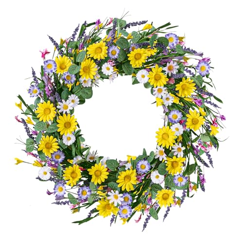 U'Artlines 22 Inch Spring Summer Wreaths for Front Door, Artificial Yellow Daisy Wreath with Lavender Green Eucalyptus Leaves, Large Silk Floral Wreath for All Seasons Window Wall Wedding Decor