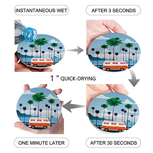 Absorbent Coaster Ceramic Stone Set of 8 with Cup Holder, Tropical Coconut Tree Coastal Travel Drink Coasters with Cork Base, Summer Seaside Bus Cup Place Mats for Holiday Party Family Dining - Image 4