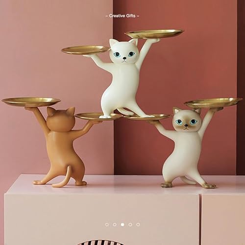 Miniatura 2 de Escultura de gato de dibujos animados de resina con bandeja de metal, estatua de animal, bandeja de almacenamiento para llaves, contenedor de
