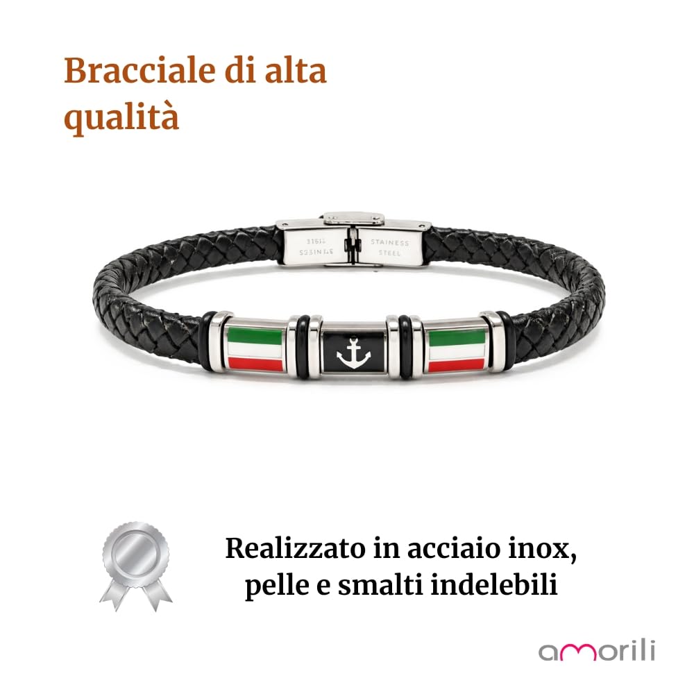 Bracciale Ancora Uomo con Bandiera Italiana in Acciaio Inox e Pelle Intrecciata – Gioiello Maschile Stile Nautico – Accessorio Resistente – Idea Regalo Uomo