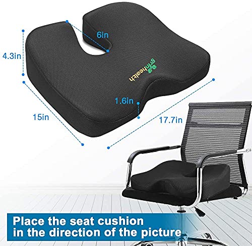 Image of Grin Health Coccyx Lux Seat Cushion for Office & Car, Extra Thick Memory Foam Seat Cushion for Hip, Tailbone, Sciatica, Lower Back, Black, 17.7 inch x 15 inch x 4.3 inch
